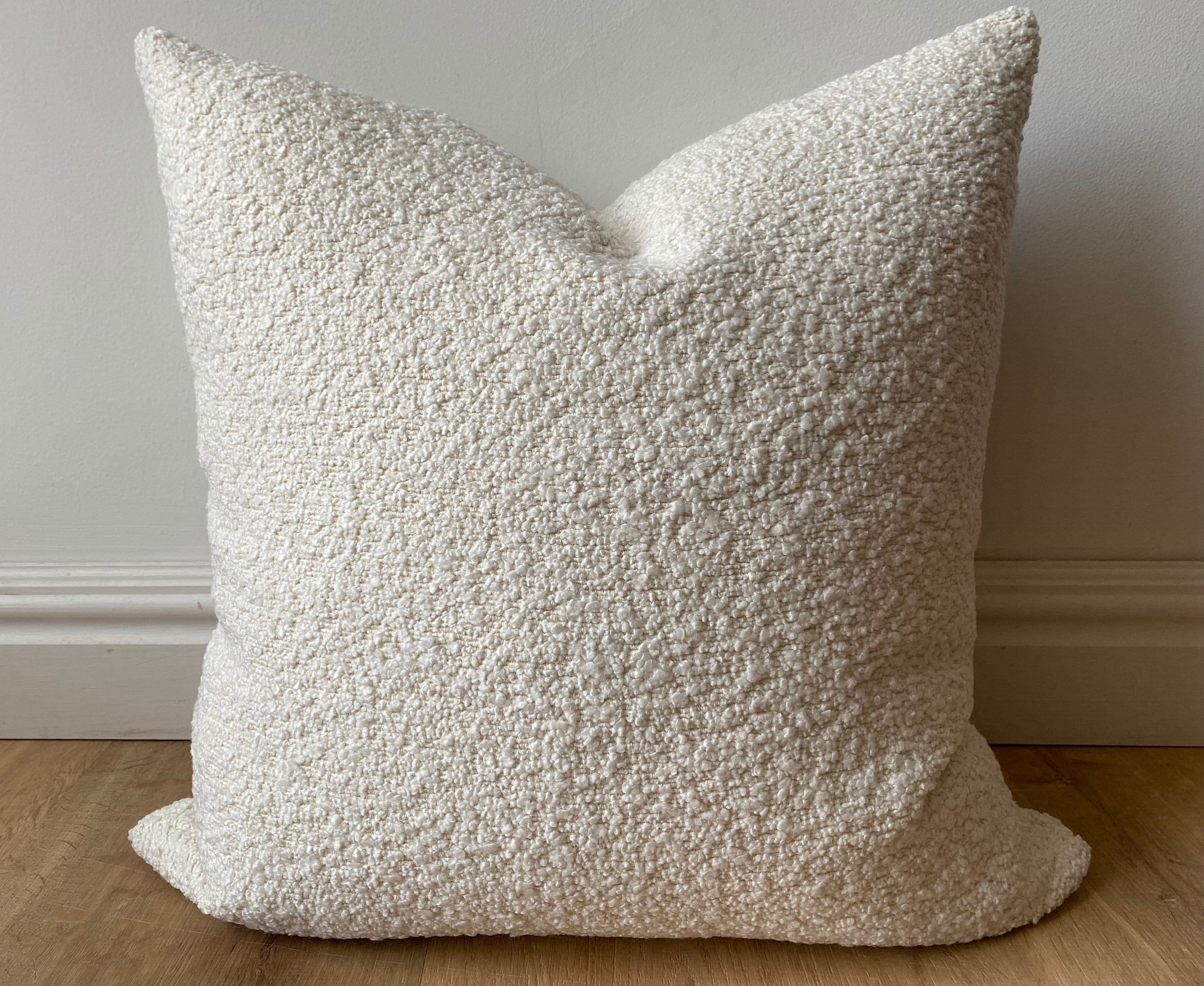 Off White Boucle Brown Faux Leather Throw Pillow Cover