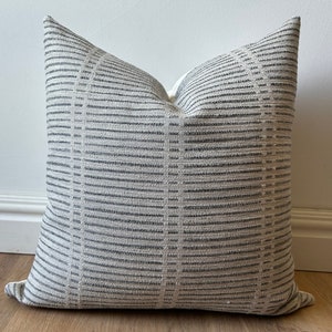 Boho Woven Striped Pillow Cover – Navy Blue & White Textured Cushion, Euro Sham and Lumbar Sizes, Coastal Nursery Decor