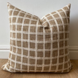 Designer modern woven check windowpane pillow cover light brown camel cream textured farmhouse artisan available in multiple sizes