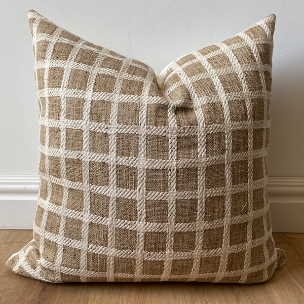 Designer modern woven check windowpane pillow cover light brown camel cream textured farmhouse artisan available in multiple sizes