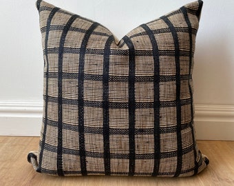 Designer modern woven check windowpane pillow cover black tan beige textured farmhouse artisan available in multiple sizes