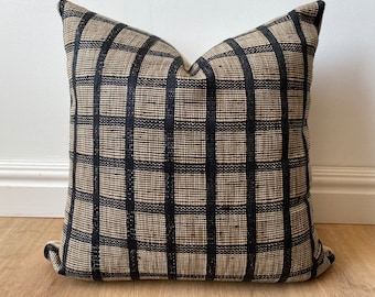 Designer modern woven check windowpane pillow cover black tan beige textured farmhouse artisan available in multiple sizes