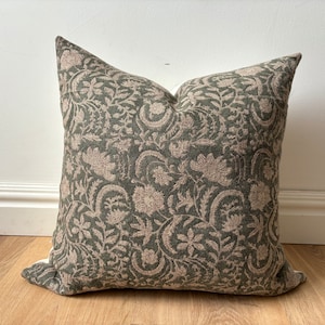 Hand Block Printed Pillow Cover | Designer-Inspired Floral Linen | Dark Green Beige | Natural Earth Tones | Boho Modern Decor | Euro Sham