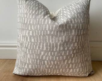 Designer small scale hand block style design global inspired abstract light grey beige modern farmhouse artisanal square lumbar sizes hygge