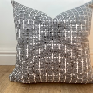 Modern stitched windowpane grey off white pillow cover high performance available in multiple sizes coastal beach boho farmhouse outdoor