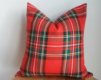 Designer Stewart check tartan plaid pillow cover red green white lodge cabin cushion throw euro sham lumbar holiday Christmas