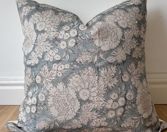 Hand Block Printed Pillow Cover | Designer-Inspired Floral Linen | Neutral Earth Tones | Boho Modern Decor | Euro Sham | Blue floral pillow