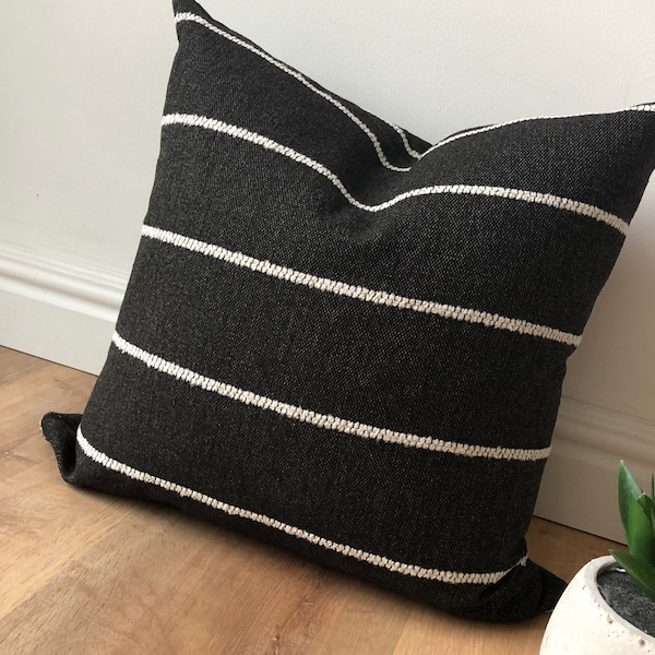 Designer fabric striped modern pillow cover black white cream boho scandinavian loft apartment neutrals texture throw euro sham