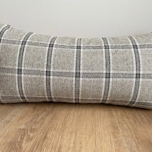 Designer Nantucket check plaid faux leather pillow cover black gray cream neutrals  lodge cabin cushion euro sham lumbar Christmas