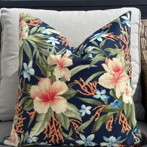 Designer tropical floral outdoor pillow cover || blue green pink tan|| Palm tree || multiple sizes || beach lake house || Palm leaves