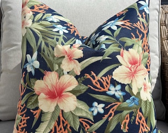 Designer tropical floral outdoor pillow cover || blue green pink tan|| Palm tree || multiple sizes || beach lake house || Palm leaves