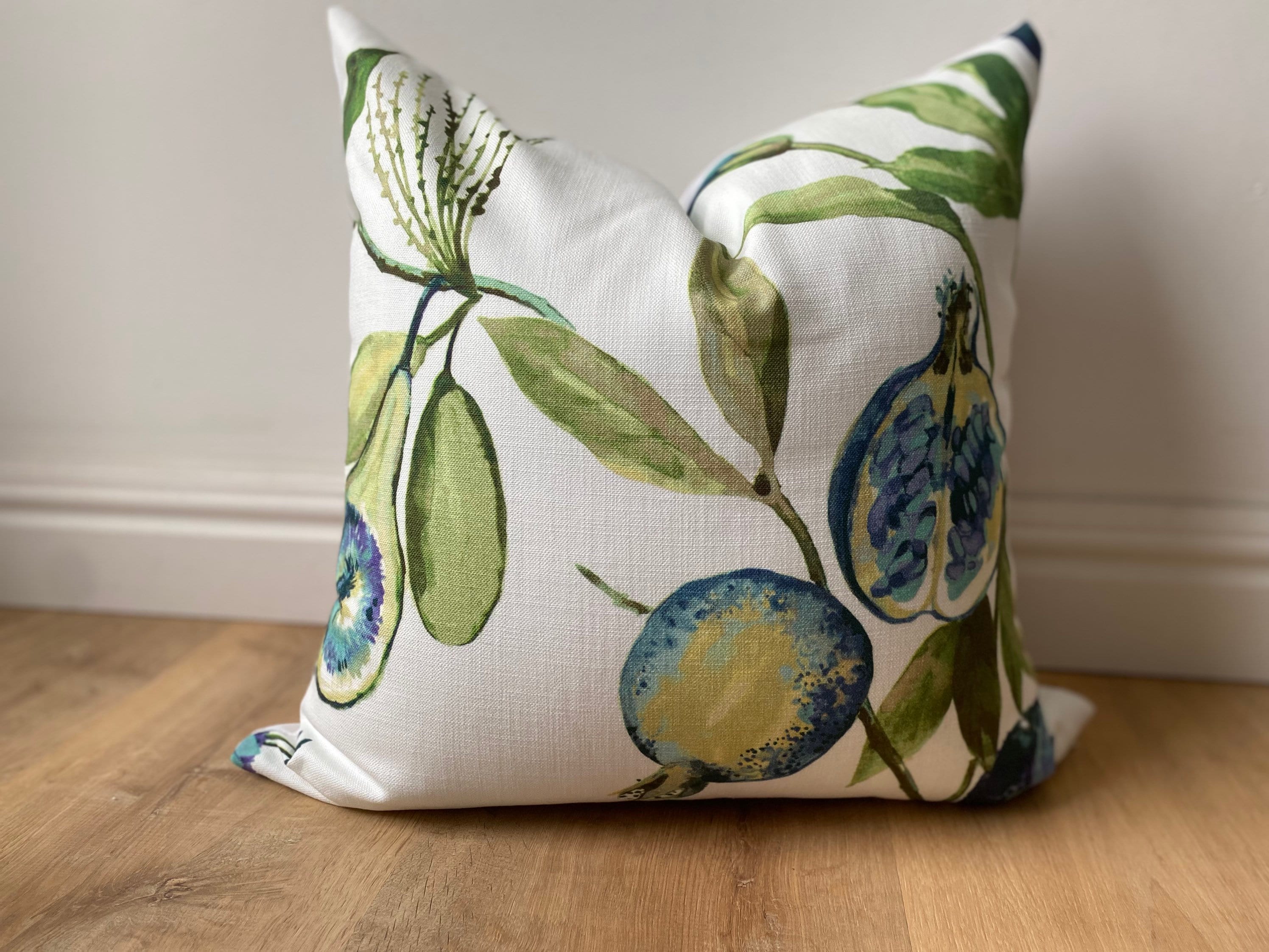 Modern ballard design alana fabric linen cotton floral fruit navy blue green purple cream white available in multiple sizes coastal beach