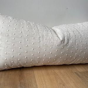 Modern embroidered Swiss dot flax beige creamy white bolster bed pillow INSERT INCLUDED long lumbar sand tonal natural neutral Scandi