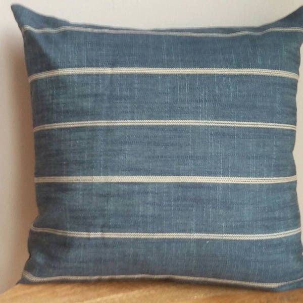 Designer fabric striped modern pillow cover denim blue beige  lodge cabin throw euro sham extra long lumbar woven indigo rustic chic