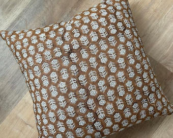 Authentic boho floral Indian hand block stamped linen print pillow cover brown off white natural available in multiple sizes Scandinavian