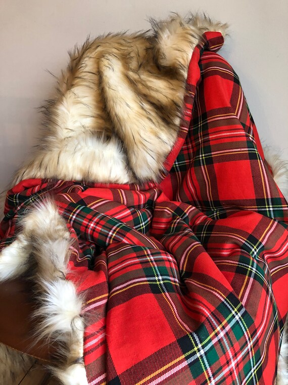 Faux Fur Caramel Color Tartan Plaid Throw Blanket Choose From Three Different Plaids Lodge Rustic Bedding Home Living