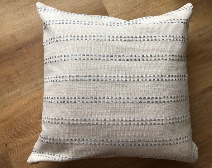 Modern raised dotted stripe pillow cover spa sky blue cream white textural available in multiple sizes high performance fabric coastal beach