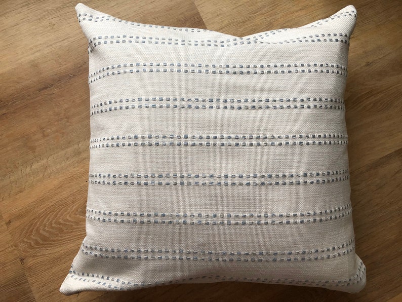 Modern raised dotted stripe pillow cover spa sky blue cream white textural available in multiple sizes high performance fabric coastal beach 