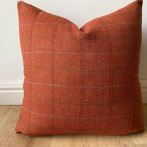 May include: A rust-colored throw pillow with a subtle plaid pattern. The pillow is made of a soft, textured fabric.