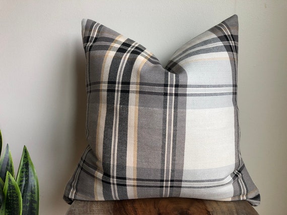 plaid pillow cover black gray tan Tartan Pillow Cover Modern Farmhouse