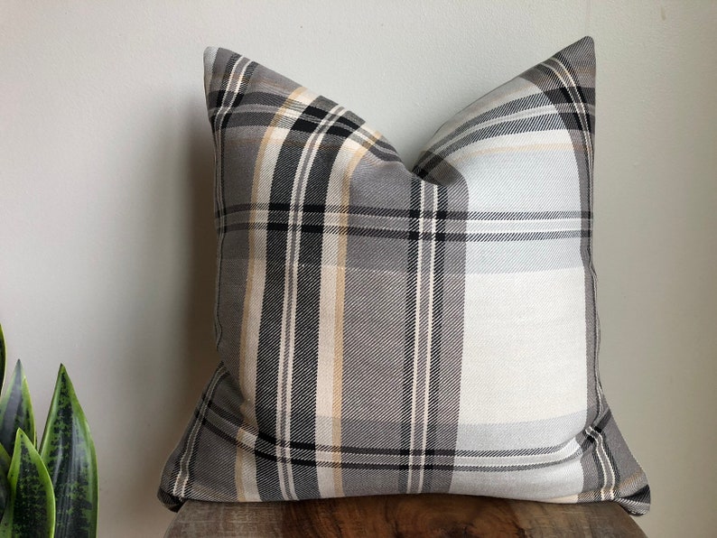 Designer Nantucket check plaid pillow cover black gray cream neutrals natural lodge cabin cushion throw euro sham lumbar Christmas image 6