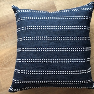 Modern raised dotted stripe pillow cover indigo blue cream white textural available in multiple sizes high performance fabric coastal beach