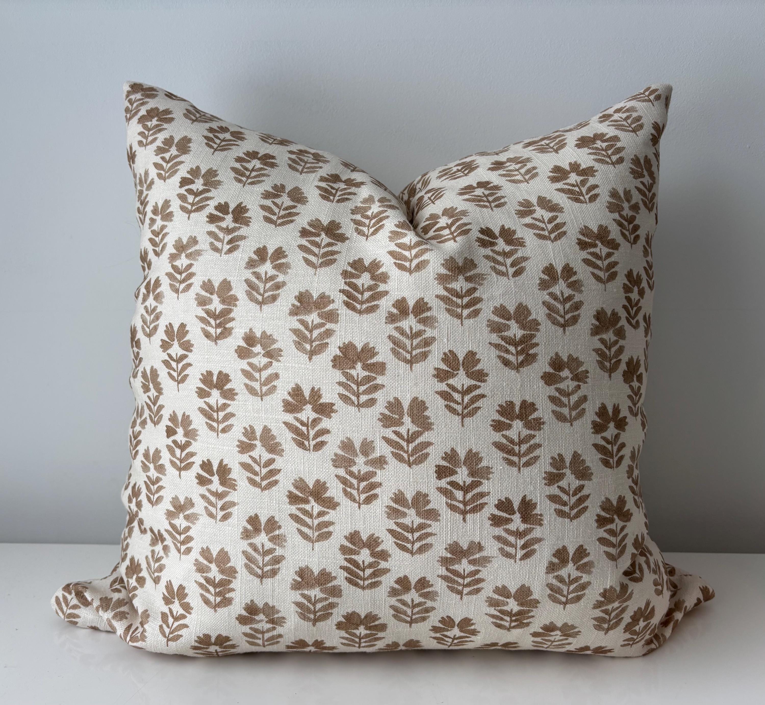 Designer boho floral Indian hand block stamped linen print pillow cover amber brown off white available in multiple sizes Scandinavian