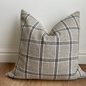 Designer Nantucket check plaid pillow cover black gray cream neutrals natural lodge cabin cushion throw euro sham lumbar Christmas image 2