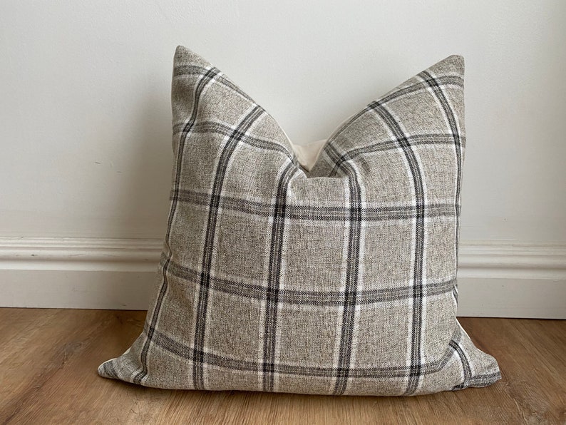 Designer Nantucket check plaid pillow cover black gray cream neutrals natural lodge cabin cushion throw euro sham lumbar Christmas image 2