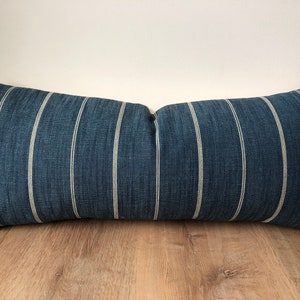 Designer fabric striped modern pillow cover denim blue beige  lodge cabin throw extra long lumbar woven indigo rustic