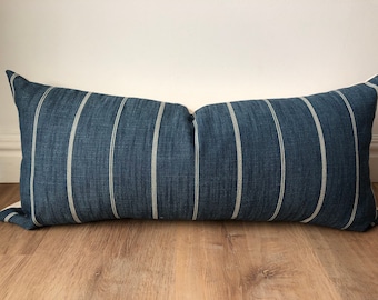 Designer fabric striped modern pillow cover denim blue beige  lodge cabin throw extra long lumbar woven indigo rustic