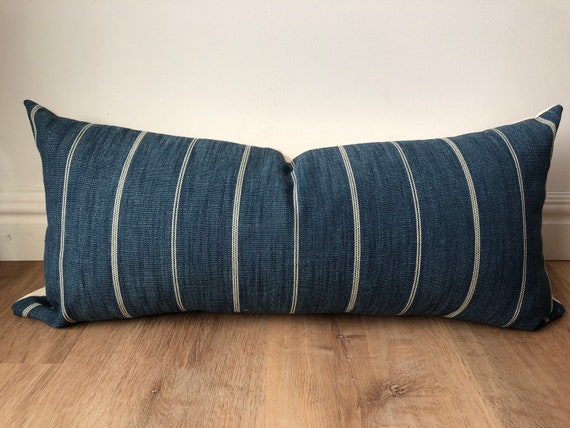 Designer Fabric Striped Modern Pillow Cover Denim Blue Beige Lodge