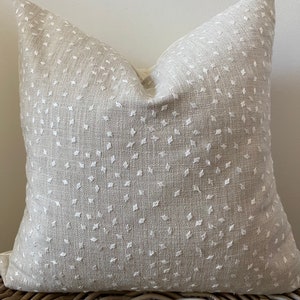 Designer embroidered scattered dot linen beige creamy white modern farmhouse textured organic-feel available in multiple sizes hygge