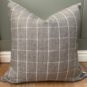 Designer Gray creamy white linen check classic windowpane neutral geometric lumbar euro pillow cover toss modern luxe boho chic