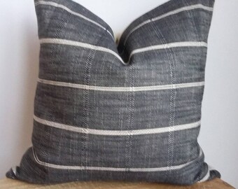 Designer fabric striped modern floor pillow cover fits 36 insert charcoal gray/black beige windowpane lodge cabin throw
