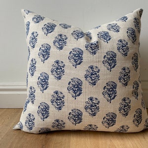 Designer block print floral blue beige classic nubby texture pillow cover multiple sizes available modern classic casual beach