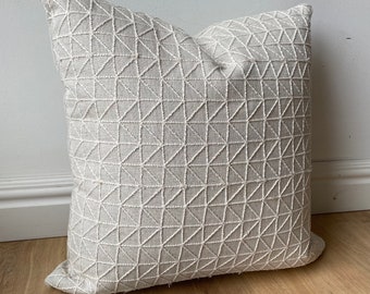 Designer embroidered flax beige pillow cover available in multiple sizes modern Scandinavian textural geometric