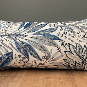 Designer embroidered floral blue grey cream fabric pillow cover jewel tones available in multiple sizes modern Scandinavian textural