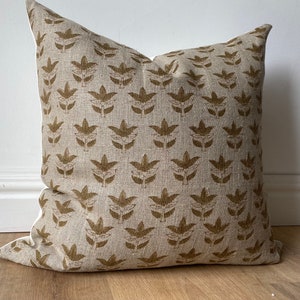 Designer boho floral Indian hand block print pillow cover yellow mustard ochre flax natural beige available in multiple sizes Scandinavian