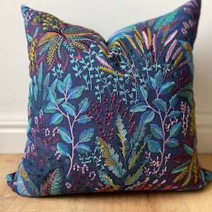 Designer embroidered floral blue purple gold fabric pillow cover jewel tones available in multiple sizes modern Scandinavian textural