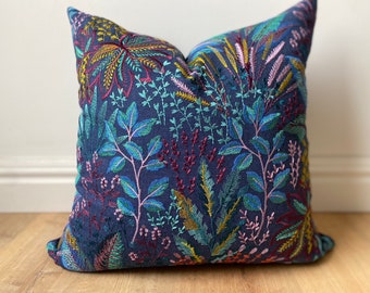 Designer embroidered floral blue purple gold fabric pillow cover jewel tones available in multiple sizes modern Scandinavian textural