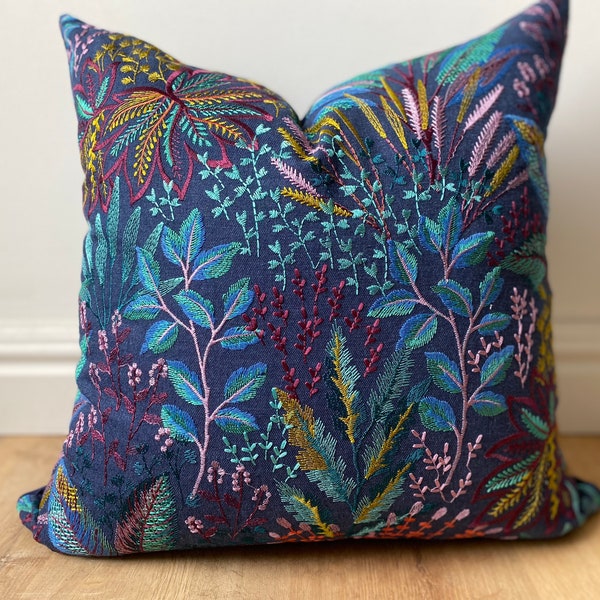 Designer embroidered floral blue purple gold fabric pillow cover jewel tones available in multiple sizes modern Scandinavian textural