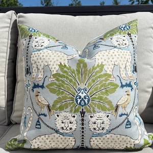 Designer tropical jaguar indoor  pillow cover || blue green white ||Palm tree || multiple sizes || beach lake house || animal print