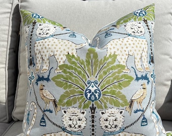 Designer tropical jaguar indoor  pillow cover || blue green white ||Palm tree || multiple sizes || beach lake house || animal print