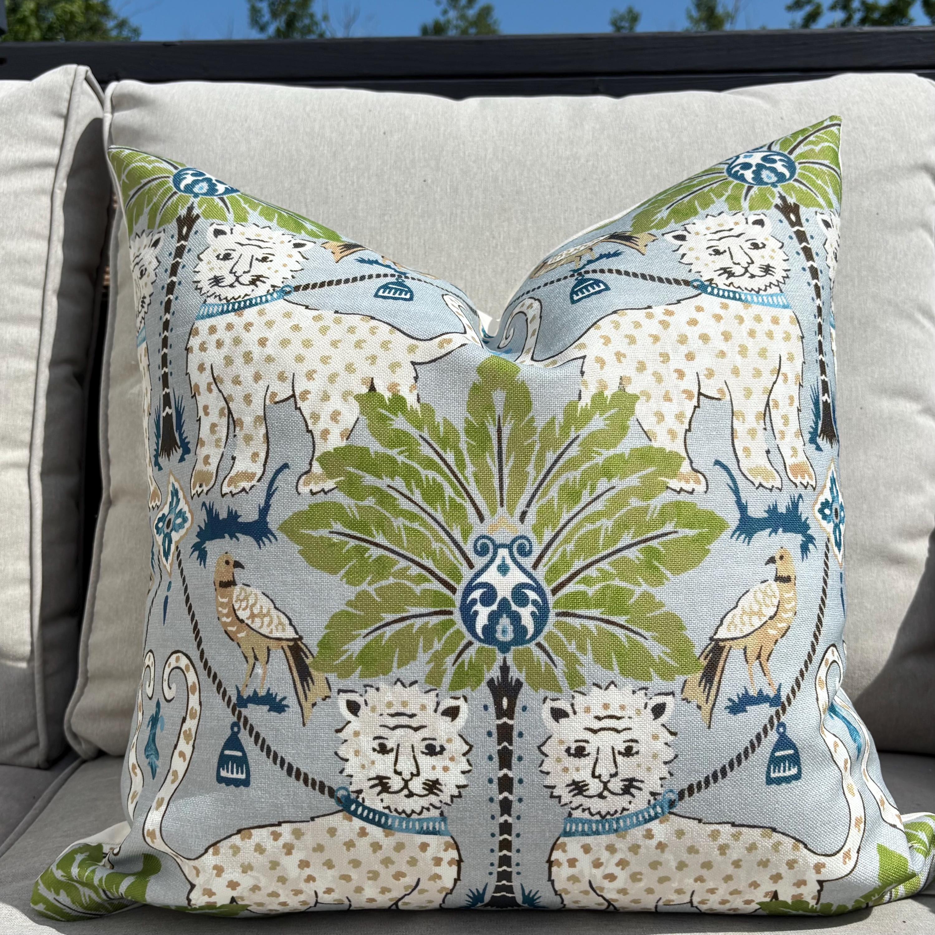 Designer Tropical Jaguar Indoor Pillow Cover Blue Green White palm Designer Tropical Jaguar Indoor Pillow Cover Blue Green White palm