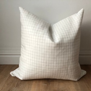 Designer fabric windowpane check linen pillow cover gray stone creamy white lodge cabin throw euro sham extra long lumbar beach