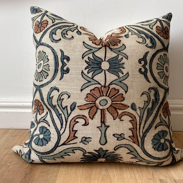 Designer modern coastal boho block print floral caramel brown aquamarine French blue tan pillow cover cozy available in multi sizes Scandi