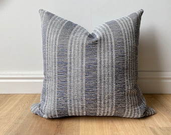 Designer insideout indoor outdoor boho stripe modern woven indigo blue aqua beige pillow cover available in multiple sizes Scandinavian