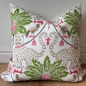 Designer tropical jaguar outdoor pillow cover || pink tan green white ||Palm tree || multiple sizes || beach lake house || animal print