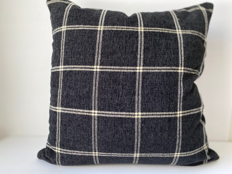 Designer Nantucket check plaid pillow cover black gray cream neutrals natural lodge cabin cushion throw euro sham lumbar Christmas image 10